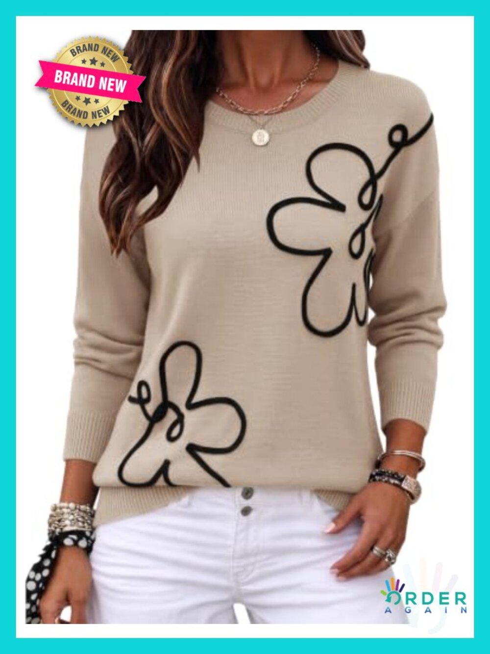 Women's 3D Floral Applique Crewneck Knit Pullover Sweater Long Sleeve